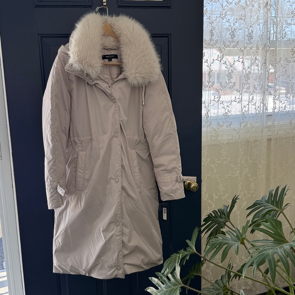 Kenneth Cole Long Ivory Faux Fur-Trim Collar Hood Puffer Coat - Size Medium